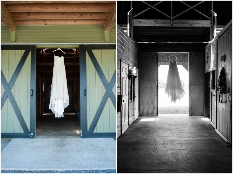Wedding dress hanging from barn door photo 