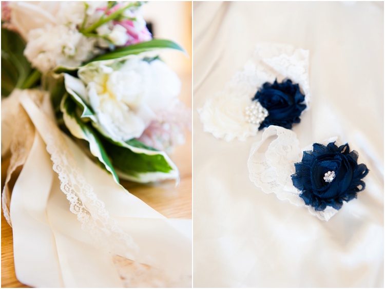wedding bouquet with ivory ribbon photo and navy and white garter wedding photo