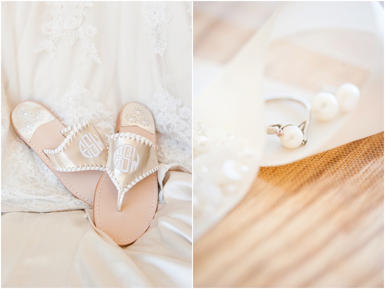 gold monogramed jack rogers on your wedding day photo and pearl ring and earrings detail wedding photo