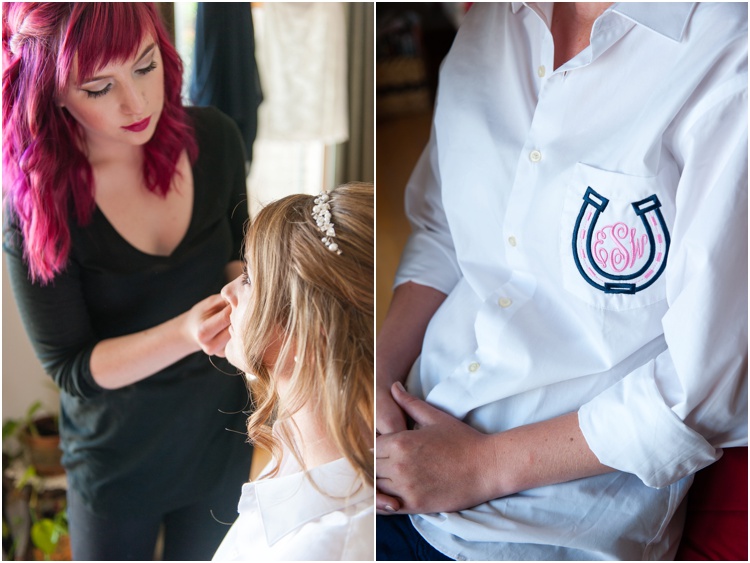 bride getting makeup done photo and pink and navy monogramed white button up on wedding day photo