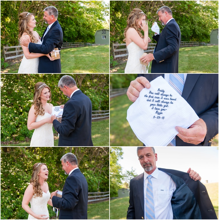 father daughter first look on wedding day photo and engraved handkerchief gift for father and always be your little girl on wedding day photo 