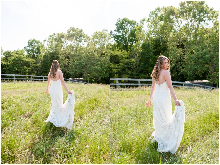 bridal portraits on wedding day in tall grassy field and farm wedding 