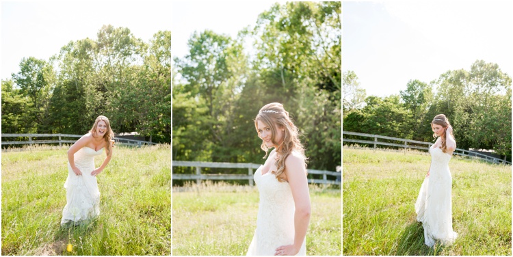 bridal portraits on wedding day in tall grassy field and rustic farm wedding and lace dress