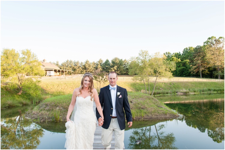 Mechanicsville VA Warriner's Way Farm navy and pink rustic wedding photos and bride and groom outdoor portraits on bridge 