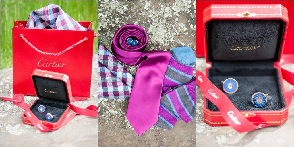 Seneca Lake NY Vineyard Wedding Photos, Cartier groomsmen gift, tie, socks, handkerchief, cartier cufflinks 