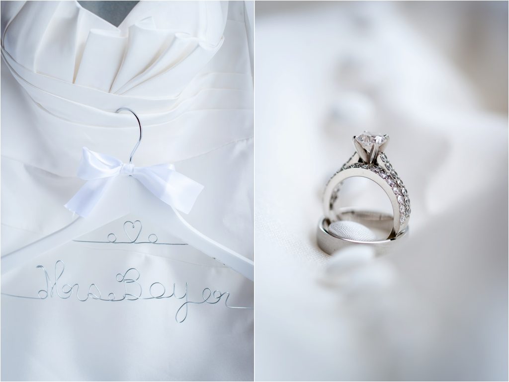 Seneca Lake NY Vineyard Wedding Photos and ring shot on dress and last name hanger 