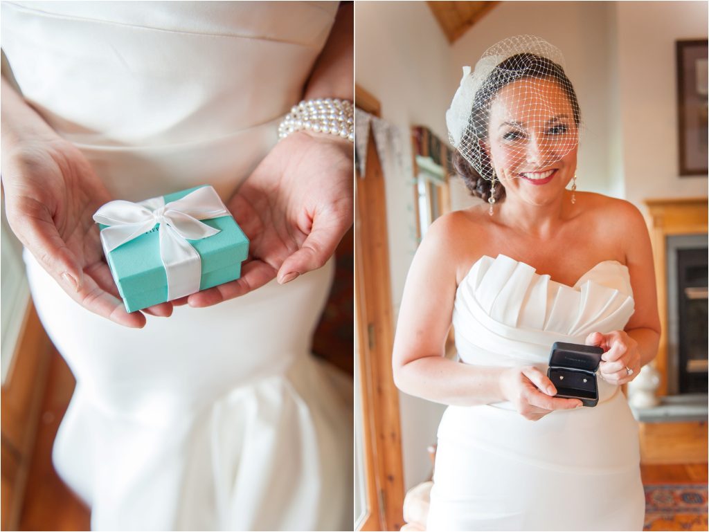 Seneca Lake NY Vineyard Wedding photos, bride getting ready photos, birdcage veil, tiffany and co present for bride
