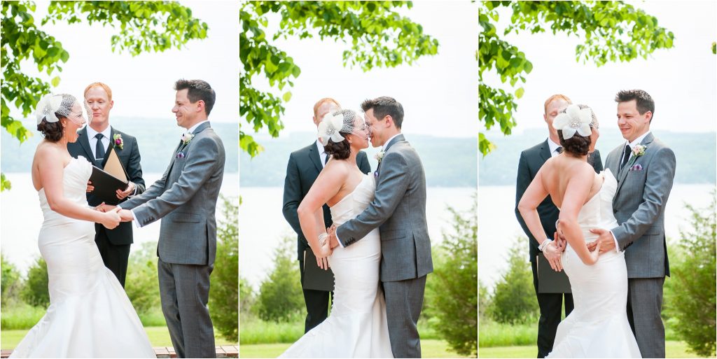 Seneca Lake NY Vineyard Wedding ceremony photos, I do, kissing