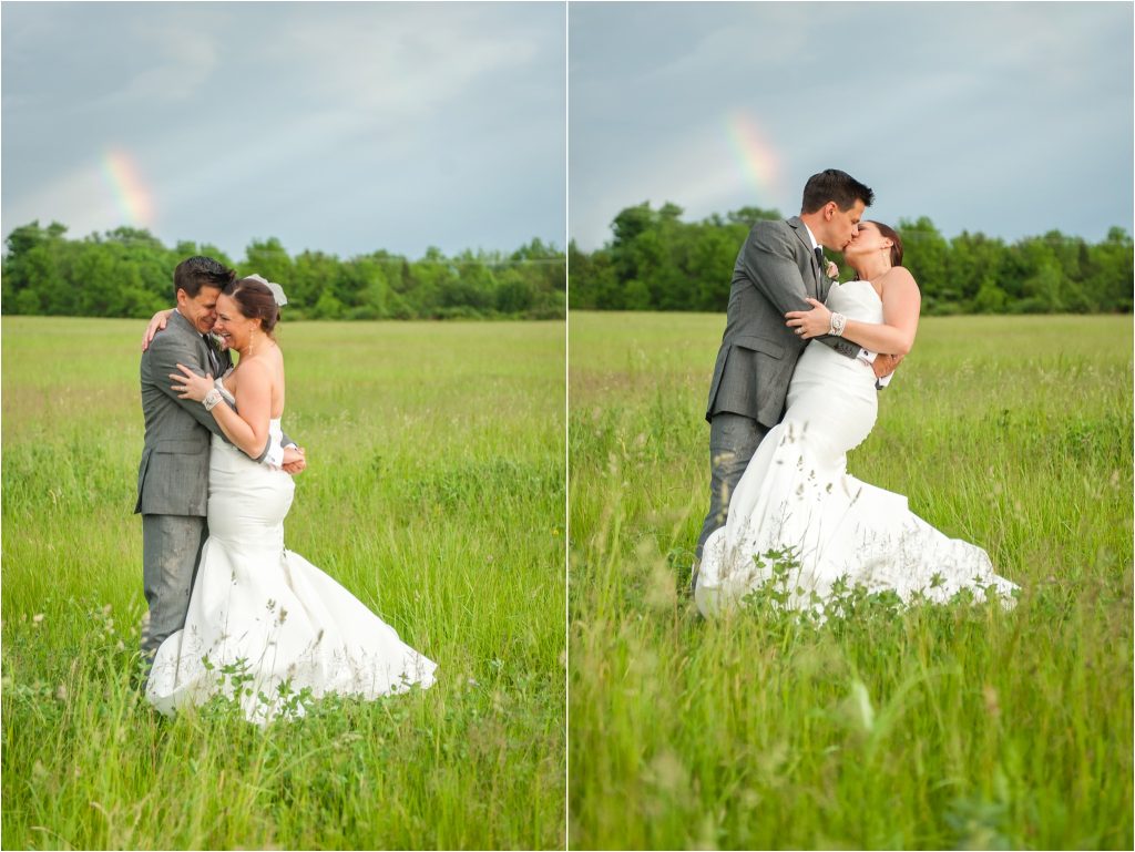 Seneca Lake NY Vineyard Wedding ceremony photos, reception photos, bride and groom portraits with rainbow