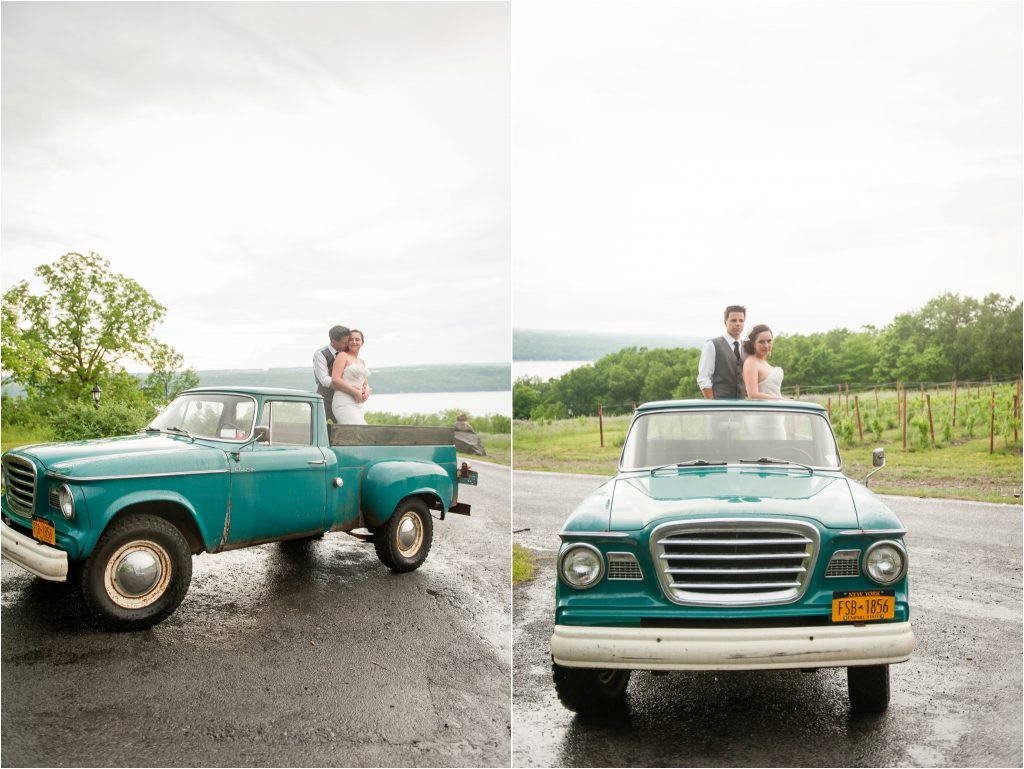 Seneca Lake NY Vineyard Wedding ceremony photos, reception photos, bride and groom portraits with Studebaker truck