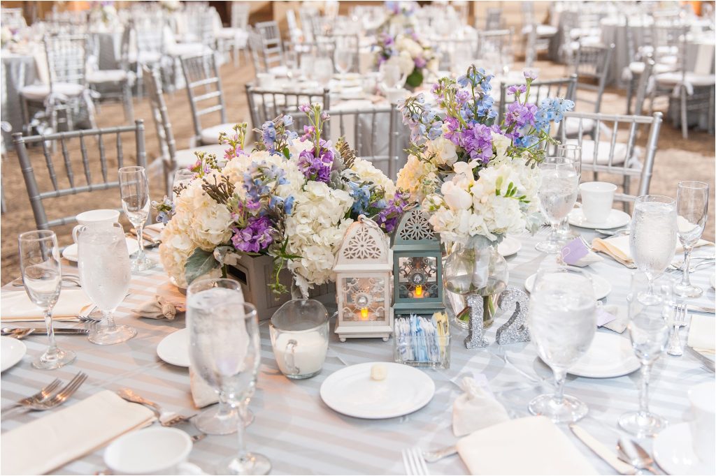 The John Marshall Ballroom lavender and grey themed wedding reception table photo