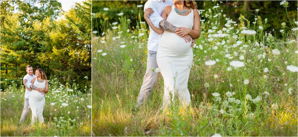 Couple outdoor Maternity Photos in field of flowers