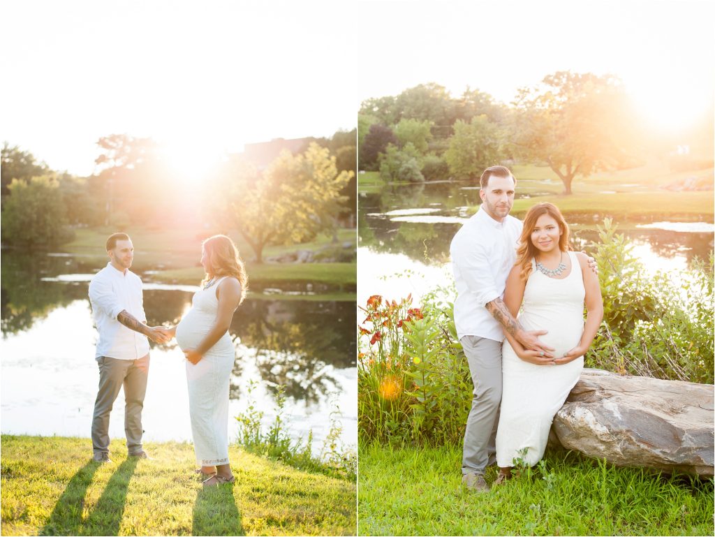 Couple outdoor Maternity Photos by lake with sunset 