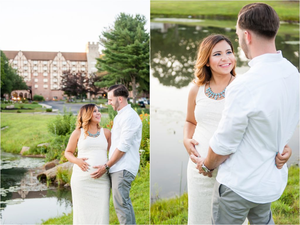 Couple outdoor Maternity Photos by lake with castle