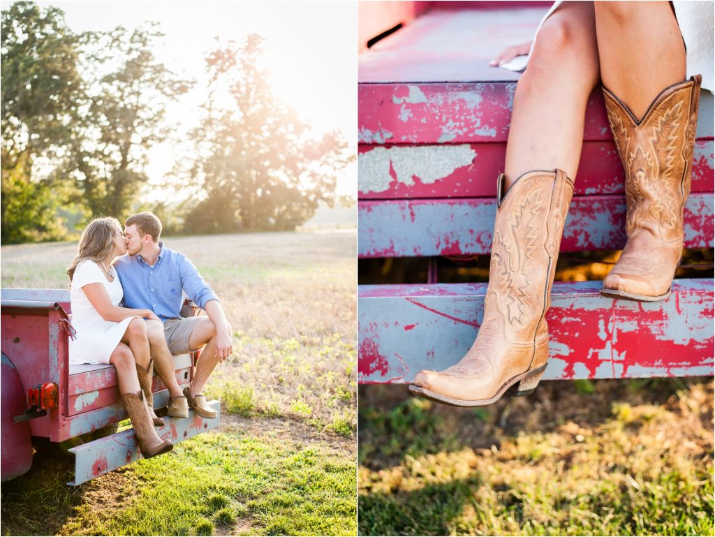 Fairview Farm summer sunset with vintage red truck and cowboy boots engagement photo