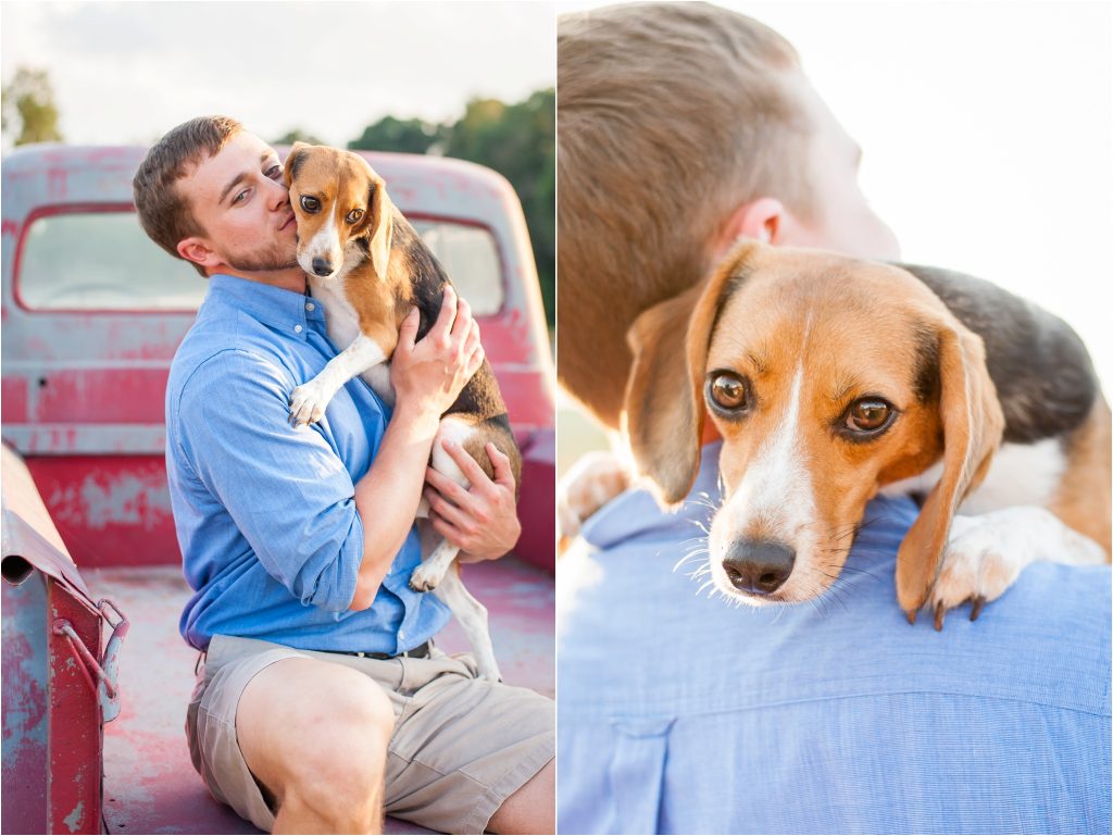Fairview Farm summer sunset with vintage red truck and beagle dog engagement photo
