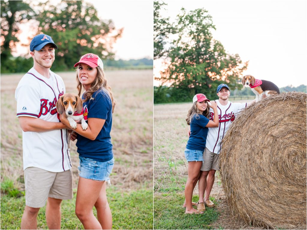 Fairview Farm summer sunset in field with Atlanta braves gear on engagement photo