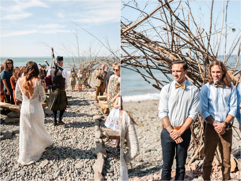 Bay of Fundy Nova Scotia Wedding, bride walking down the isle, groom sees her for the first time
