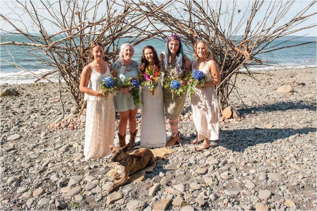 Bay of Fundy Nova Scotia DIY Beach Wedding, bridal party photo with Bones, the dog