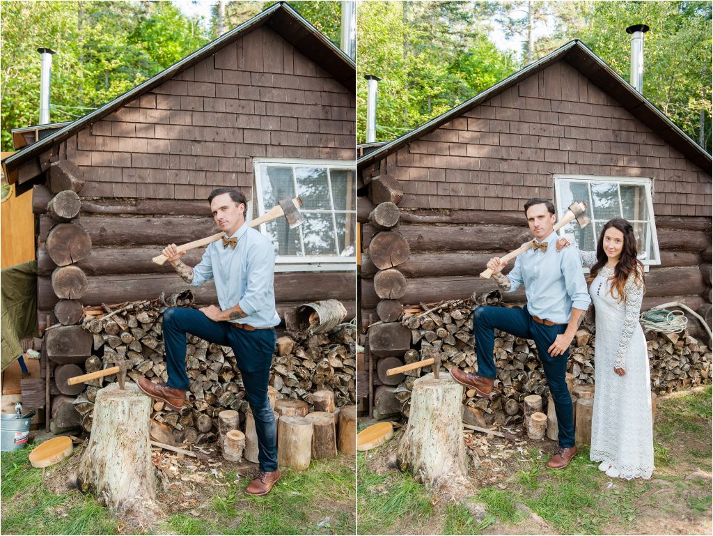 Bay of Fundy Nova Scotia Wedding, bride and groom portrait photos infant of cabin, Bigfoottracks on instagram