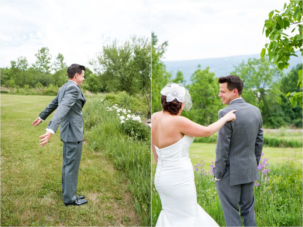 Seneca Lake NY Vineyard Wedding photos, bride and groom first look photos