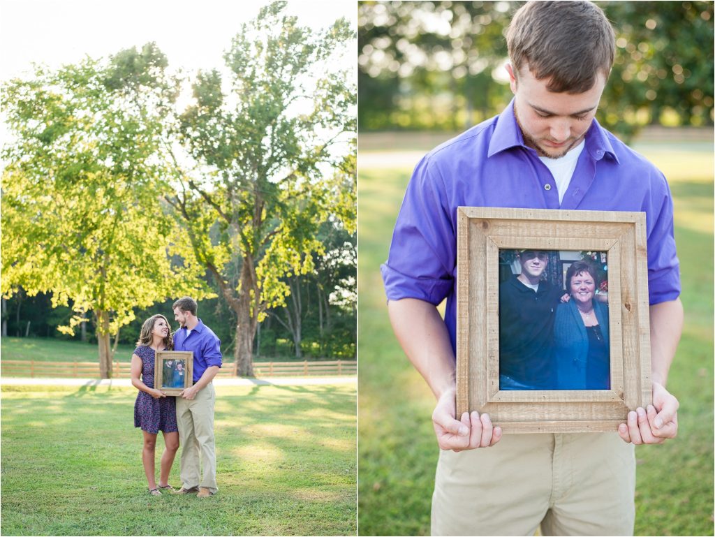 engagement photo honoring late mother's picture in a frame wearing purple for cancer awareness