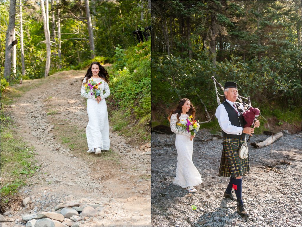 Bay of Fundy Nova Scotia Wedding, bride walking down the isle while her father plays the bag pipes.