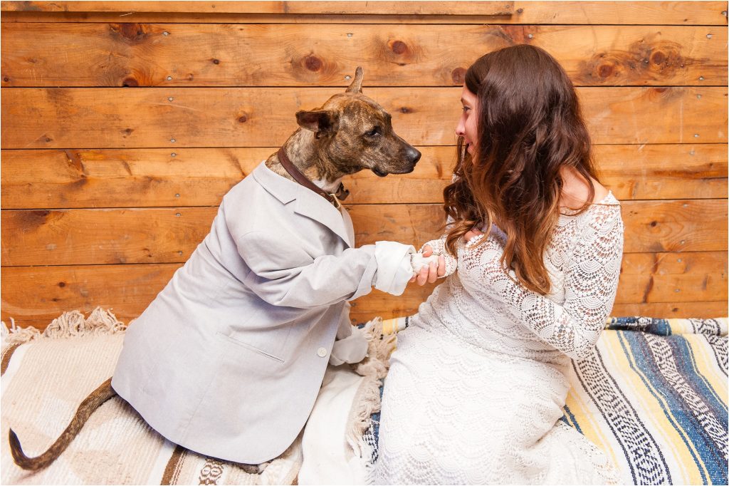 Bay of Fundy Nova Scotia Wedding, photo of Bones the dog in a suit coat, with Mom 